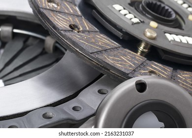 Clutch Basket And Disc Of Manual Gearbox Car, Selective Focus. Car Clutch Repair Kit. Automotive Spare Parts.