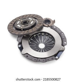 Clutch basket and disc of manual gearbox car isolated on white background. Car clutch repair kit. Automotive spare parts. - Shutterstock ID 2185500827
