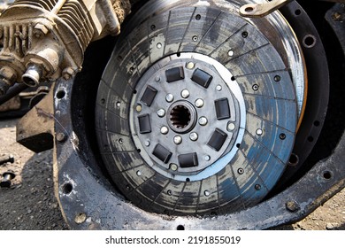 The Clutch Disc From The Tractor Is Close-up.