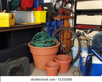 Cluttered Corner Of A Busy Suburban Garage.