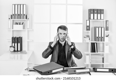 Cluttered Mind. Agile Business. Businessman Making Notes. Man Wear Office Suit. Male Realtor Has Hard Working Day. Online Courses Tutor. Leader Of Law Office. Tired Lawyer Working With Computer