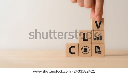 CLV Customer Lifetime Value concept. Increasing CLV marketing strategy planning, optimizing CLV to improve bottom line and create more loyal and valuable customers. Efforts to increase profitability. 