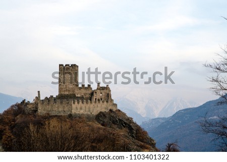 Cly castle in Aosta Valley and Mountain range, Saint-Denis, Valle d'Aosta, Italy