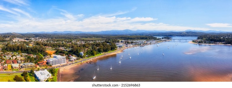 Clyde River In Batemans Bay Coastal Town Of Australian South Coast On Pacific - Aerial Panorama.