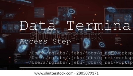 Cmd starting Data Terminal and Access Step 1 animating HUD drifting paths scrolling showing access. Futurism, cyberspace, neon, interface, monospaced, cinematic, circuitry