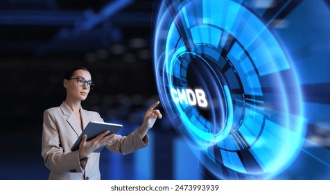 CMDB, CMD COnfiguration management Database. Businesswoman pressing button on virtual screen.