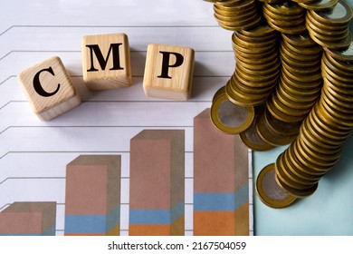 CMP (Consent Management Platform) - Words On A Green Sheet On The Background Of A Graph, Pencils And Coins. Business Concept