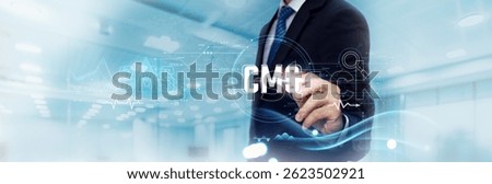 CMS Business Graph and Data of Content Management System Business Growth, Efficiency. Businessman Touch and Analyzing Data Growth of CMS, Optimization, Scalability, Integration.