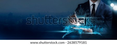 CMS, Businessman Touching the Technology Smart CMS and Optimization of Data Searching for Business and Marketing. Content Management System.