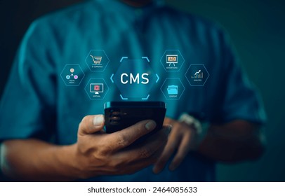 CMS concept, content management system. Businessman using smartphone to management CMS software for publishing content. Blog promotion, data administration and website optimization concept.