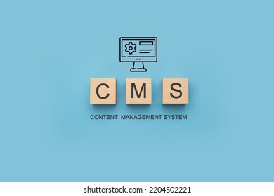 CMS Content Management System banner. CMS Block letters on blue background. Website management software, seo optimization, administration, site configuration and cms statistics.