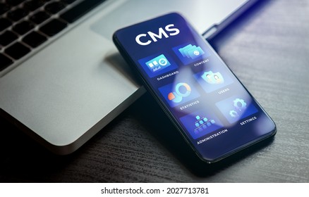 CMS - Content management system concept. Website management cms software for publishing content, seo optimization, administration, user rights settings, site configuration and cms statistics