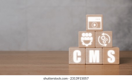 CMS, Content management system concept, Wooden block with Content management system icon on virtual screen background, business web computer website administration.