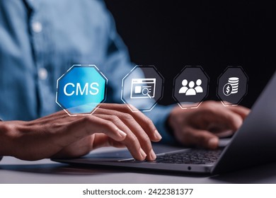 CMS, Content management system concept, Businessman use laptop with virtual screen of content management system icon for business website management.