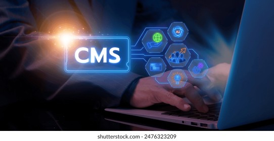 CMS, Content management system concept for business website management. Businessman showing glowing neon line of content management system icons on virtual screen.