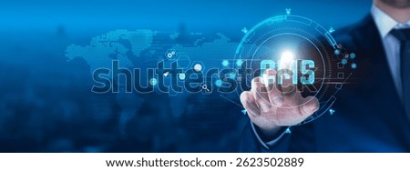 CMS (Content Management System) concept: Businessman touching CMS on virtual interface, collaboration, efficiency, user-friendly design, flexibility, automation, scalability.