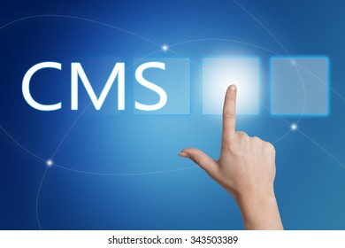 CMS - Content Management System - hand pressing button on interface with blue background.