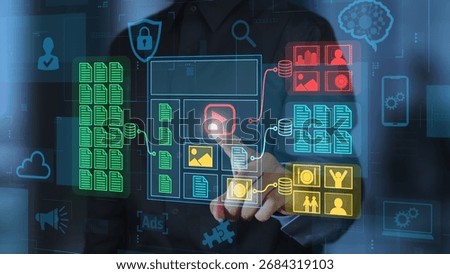 CMS content management system. Web content management platform. Businessperson tapping a digital content icon.
