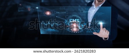 CMS (Content Management Systems): content creation, SEO strategy, workflow automation, content delivery, platform integration. Businessman analyzing CMS progress chart on digital interface.