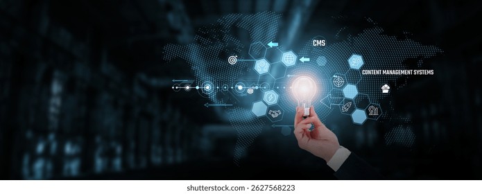 CMS (Content Management Systems): Digital publishing, data organization, website management, user collaboration. Businessman hand holding creative light bulb with innovative technology.