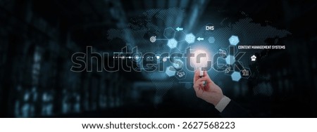 CMS (Content Management Systems): Digital publishing, data organization, website management, user collaboration. Businessman hand holding creative light bulb with innovative technology.