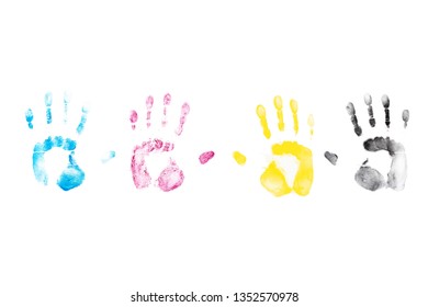 CMYK Color hand prints on white background. Cyan, Magenta, Yellow, Black laser printer toner.