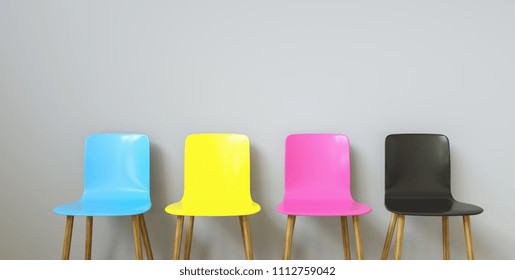 CMYK Colored Chairs , with copy space for individual text  - Shutterstock ID 1112759042