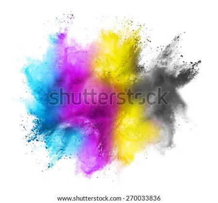 CMYK colored dust cloud on white background
