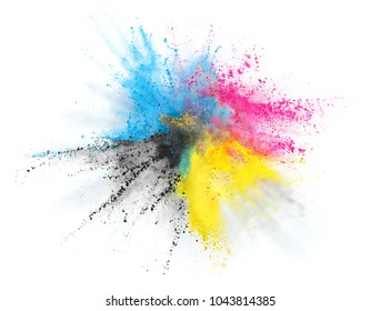 cmyk printing color powder explosion burst in cyan magenta yellow black