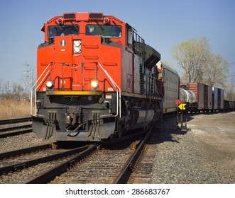 CN Red Freight Train From Detroit Tunnel To Chicago