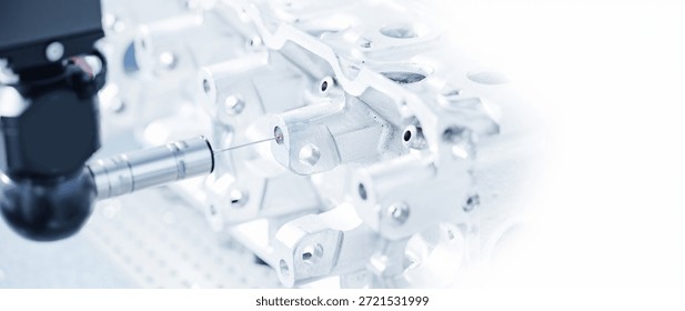 Cnc coordinate measuring machine inspecting metal component for precision engineering.