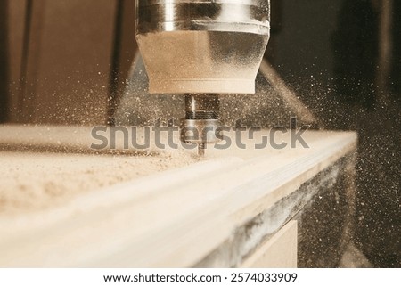 Cnc machine at carpentry workshop. Cutting wood with various router bits.