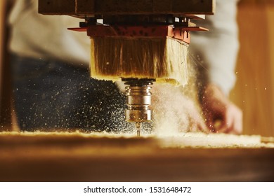 Cnc Machine Working, Cutting Wood. Woodwork Industry.