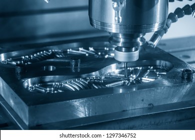 The CNC Milling Machine Cutting The Mould Part With The Index-able Radius End Mill Tool In Roughing Process.The Shoe Mould Manufacturing Process.