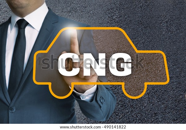 CNG\
auto touchscreen is operated by businessman\
concept.