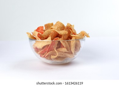 CNY Crab Chips Snack Glass Bowl White Background 