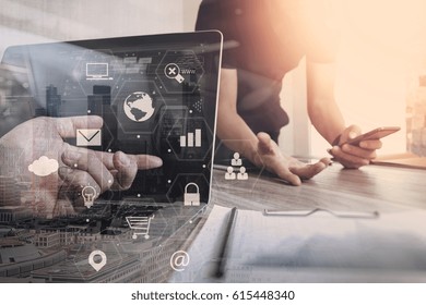 Co Working Team Meeting Concept,businessman Using Smart Phone And Laptop And Digital Tablet Computer In Modern Office With Virtual Interface Icons Network Diagram