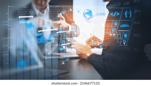 Co working team meeting concept.Coding software developer work with AR new design dashboard computer icons of scrum agile development and code fork and versioning with responsive cybersecurity.