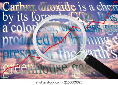 CO2 Carbon Dioxide Definition - Concept Against A Cloudy Sky With Rising Graph And And Magnifying Glass