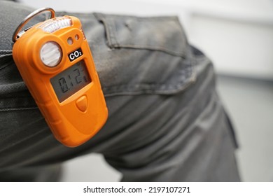 Co2 Safety Personal Portable Gas Monitor And Detector Attached To Worker's Trousers