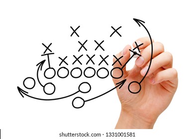 Coach drawing american football or rugby game playbook, tactics and strategy with black marker on white background. 