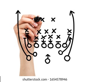 Coach Drawing American Football Or Rugby Game Playbook, Strategy And Tactics With Black Marker On White Background.