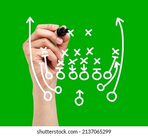 Coach drawing american football or rugby game playbook, strategy and tactics with white marker on green background.