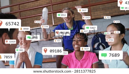 Coach gesturing, badges appearing and multiplying, team cheering, reacting, showing live engagement. Athletes, bleachers, volleyball, gym, school, overlays, pins
