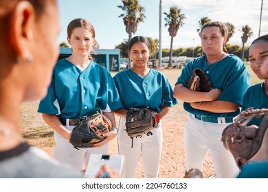 Coach of girl team in baseball, give strategy to players before game or match. Trainer of woman softball squad in huddle, give talk on teamwork and plan, for winning sport competition or trophy - Powered by Shutterstock