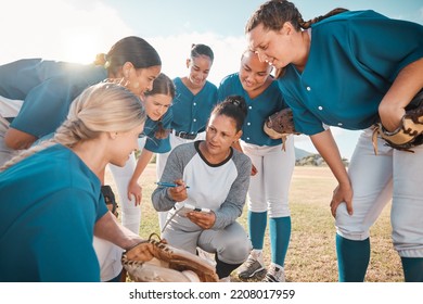 Coach of girl team in softball, planning with players before match or game. Trainer of woman baseball squad in huddle, talk on teamwork and strategy, motivation to win sport tournament or trophy - Shutterstock ID 2208017959