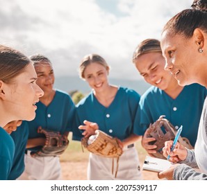 Coach Gives Strategy To Baseball Women Team, To Give Them Success And Secure Victory. Female Leader Talking To Inspire Motivation, Teamwork And Collaboration For Softball Sport Athletes To Win A Game