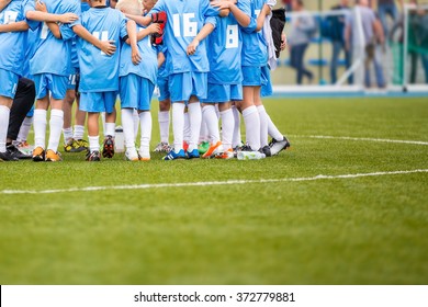 Coach Giving Children's Soccer Team Instructions. Youth Soccer Team Before Final Game. Football Match For Children. Shout Team, Football Soccer Game