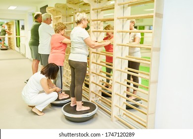 Coach Looks After Senior Group In The Balance Training On The Bosu Ball On The Wall Bars