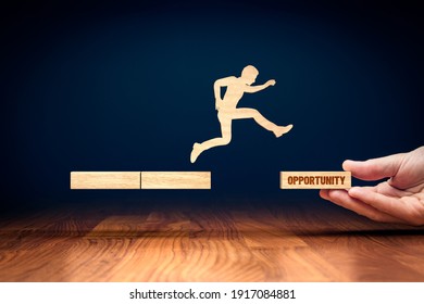 Coach motivate to personal development and jump for opportunities in new post-covid era. Success and career growth concept. Businessman do the big jump into the new post-covid era after corona crisis.